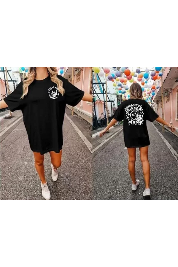 Kadın Bisiklet Yaka Baskılı T-shirt - Siyah