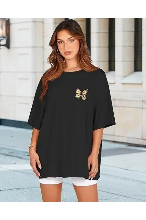 Kadın Bisiklet Yaka Baskılı T-shirt - Siyah