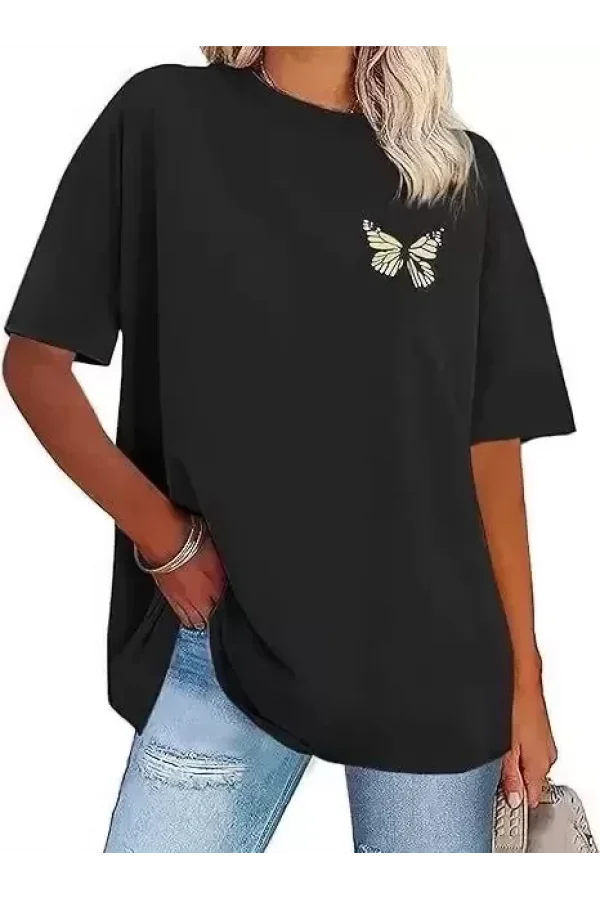 Kadın Bisiklet Yaka Baskılı T-shirt - Siyah