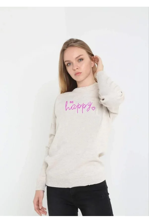 Kadın Bisiklet Yaka Kazak Baskılı Dokuma Triko - Bej