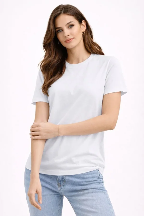Kadın Bisiklet Yaka Tişört Regular Kalıp Basic Pamuklu Günlük Kullanım T-shirt - Beyaz