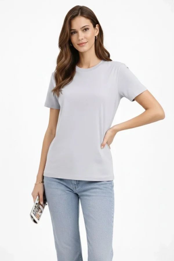Kadın Bisiklet Yaka Tişört  Regular Kalıp Basic Pamuklu  Günlük Kullanım  T-shirt - Gri