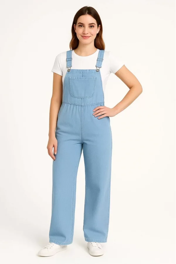 Kadın Chambray Açık Mavi Denim Görünümlü Geniş Paça Salopet Tulum - Mavi
