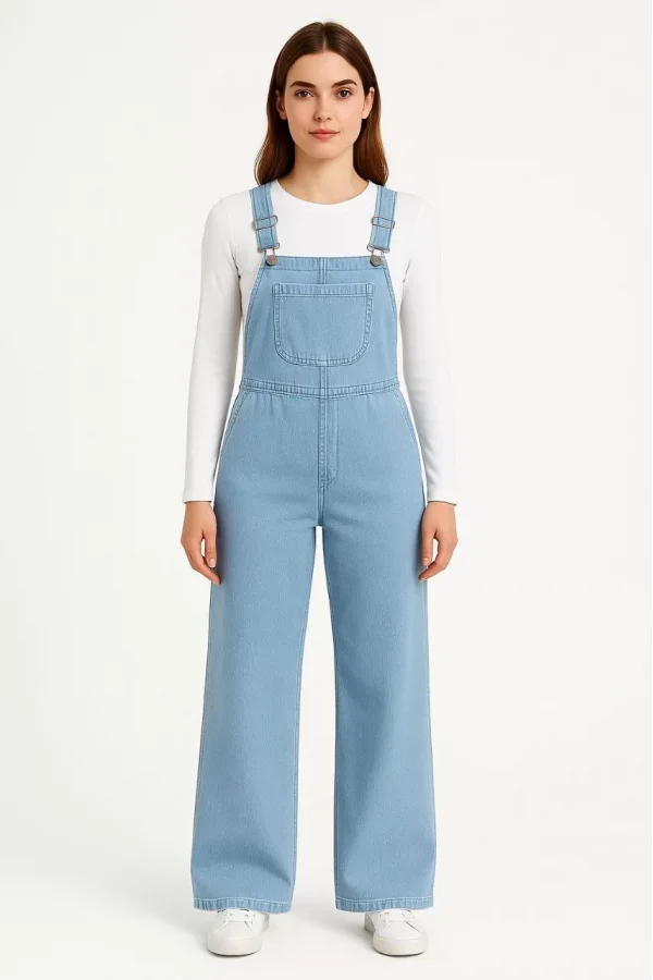 Kadın Chambray Açık Mavi Denim Görünümlü Geniş Paça Salopet Tulum - Mavi