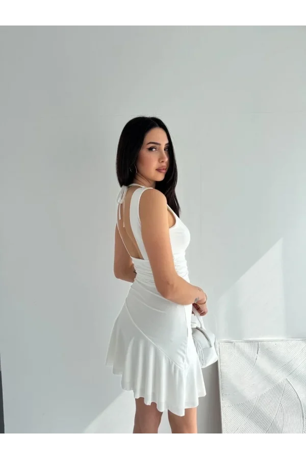 Kadın Derin V Yaka Sırt Dekolteli Mini Elbise Drapeli Şık Kolsuz - Beyaz
