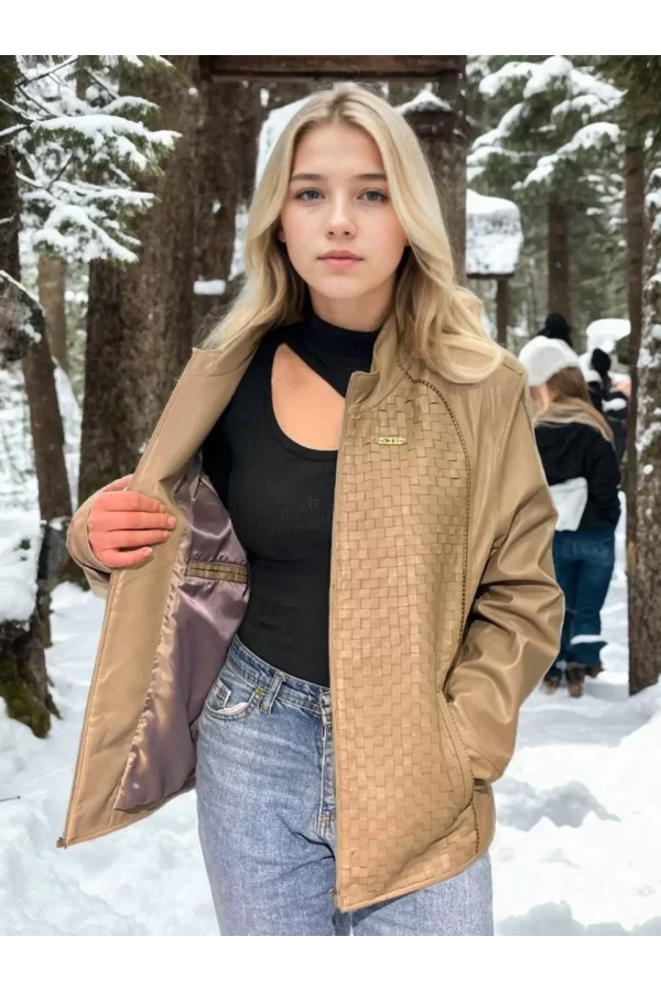 Kadın Fileli Deri Ceket - Krem