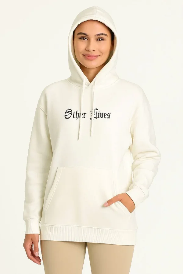 Kadın Kapşonlu Sweatshirt – Oversize Üç İplik Şardonlu Hoodie, “Other Lives” Ön & Arka Baskılı, Kanguru Cepli, Kışlık Rahat Günlük Stil - Beyaz