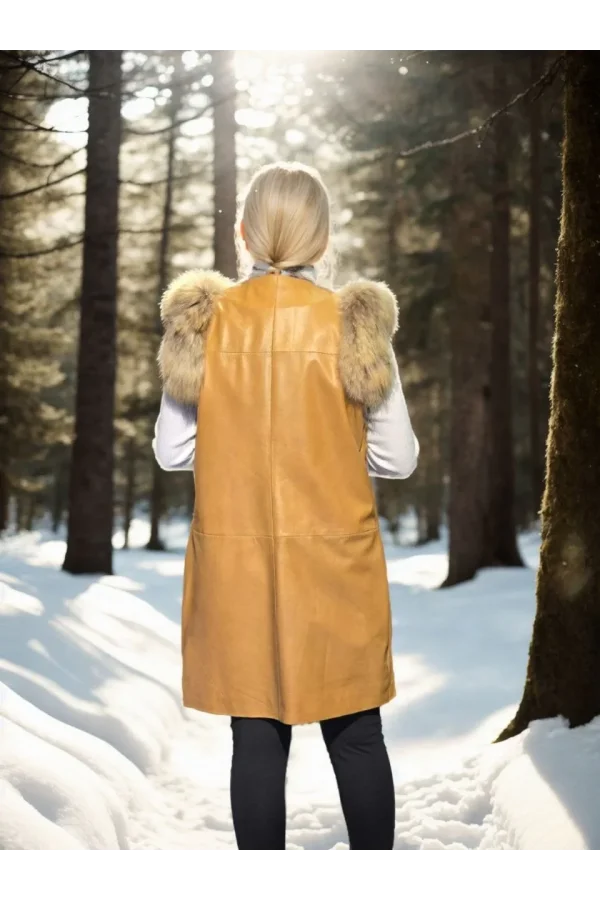 Kadın Kolsuz Hakiki Deri Kürk - Hardal