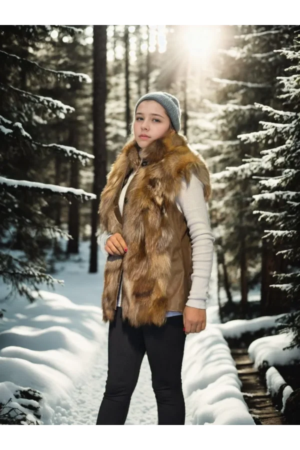 Kadın Kolsuz Hakiki Deri Kürk - Kahve