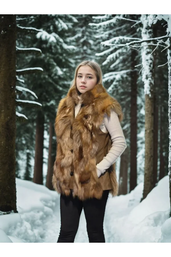 Kadın Kolsuz Hakiki Deri Kürk - Kahve