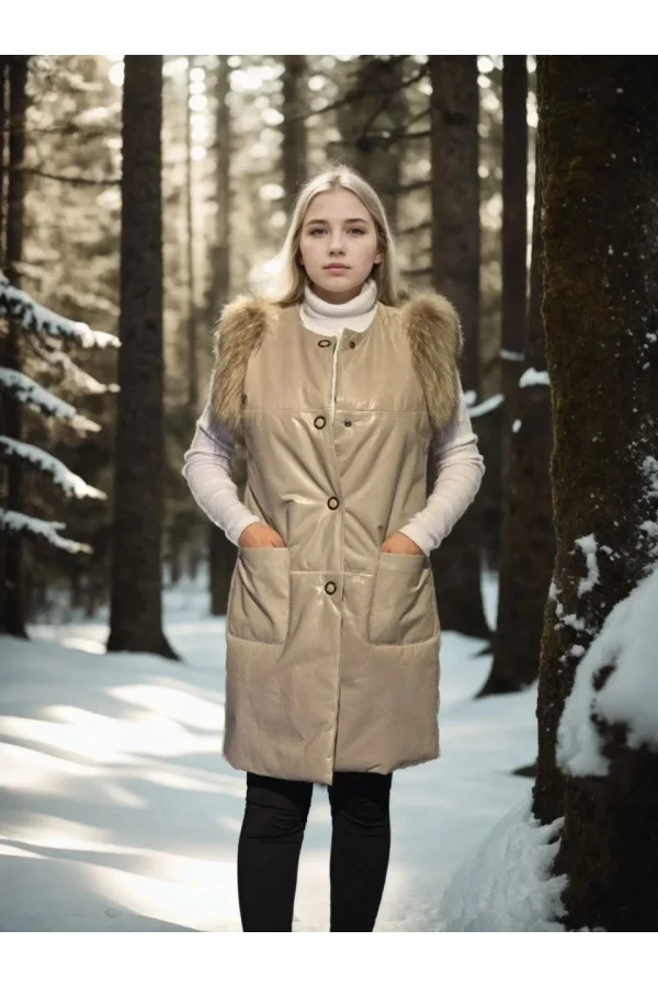 Kadın Kolsuz Hakiki Deri Kürk - Krem