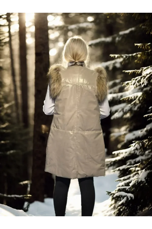 Kadın Kolsuz Hakiki Deri Kürk - Krem