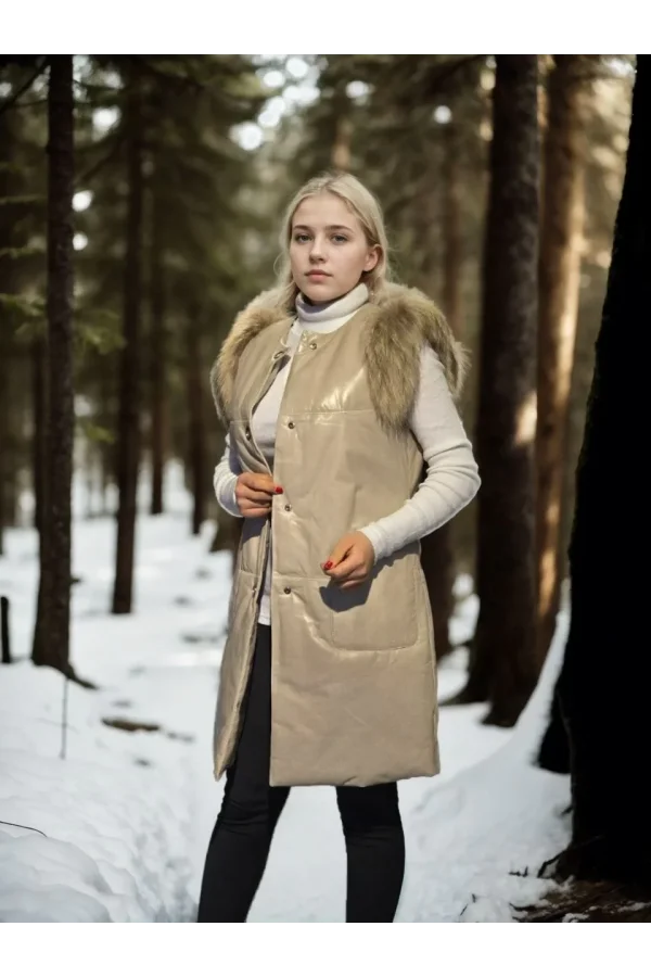 Kadın Kolsuz Hakiki Deri Kürk - Krem