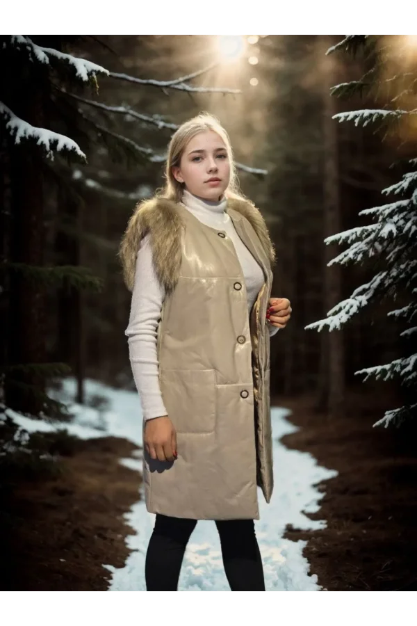 Kadın Kolsuz Hakiki Deri Kürk - Krem