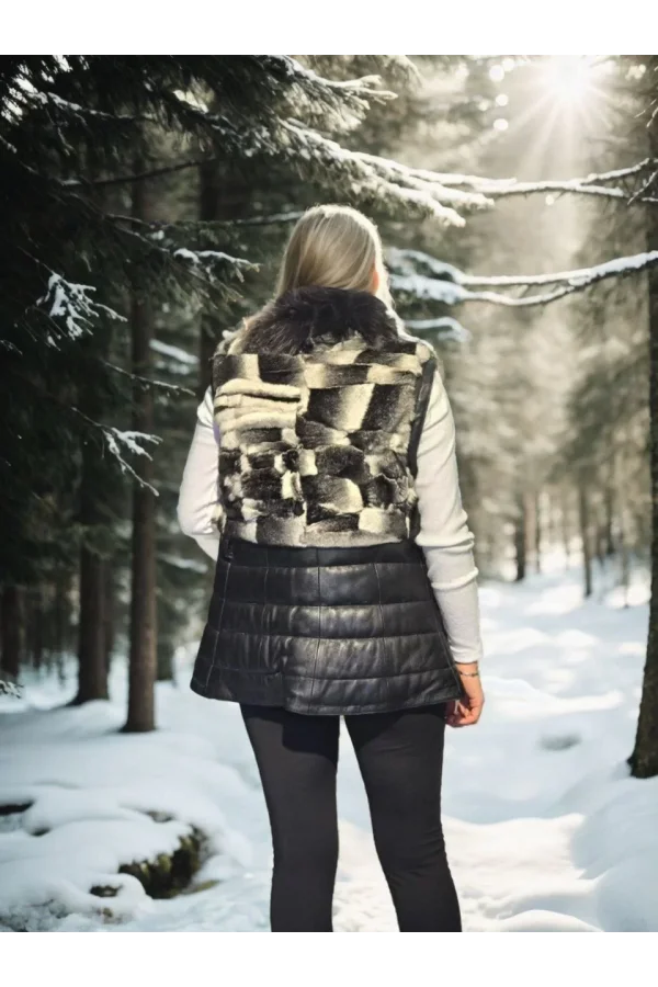 Kadın Kolsuz Hakiki Deri Kürk - Siyah