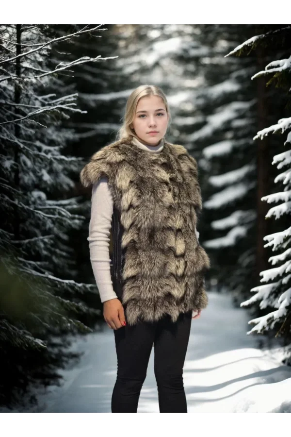 Kadın Kolsuz Hakiki Deri Kürk - Siyah