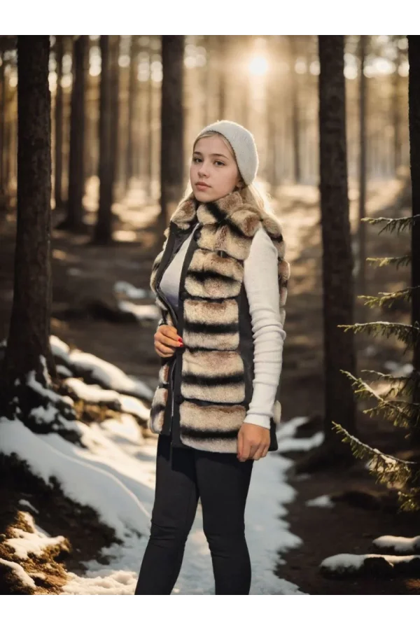 Kadın Kolsuz Hakiki Deri Kürk - Siyah