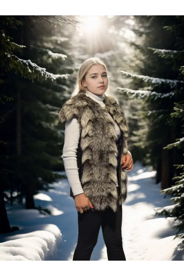 Kadın Kolsuz Hakiki Deri Kürk - Siyah