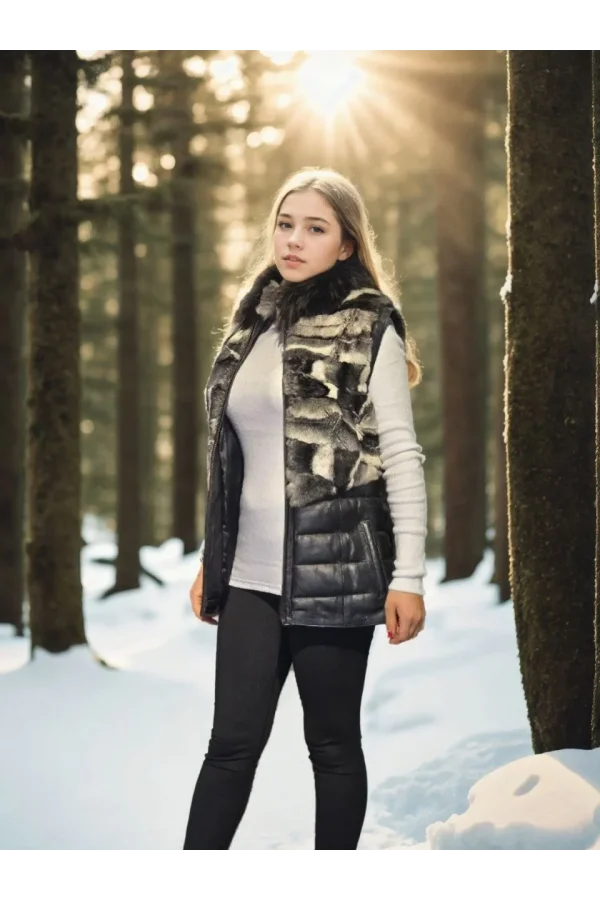 Kadın Kolsuz Hakiki Deri Kürk - Siyah