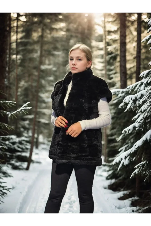 Kadın Kolsuz Hakiki Kürk - Siyah