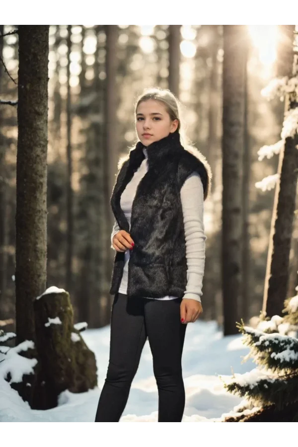 Kadın Kolsuz Hakiki Kürk - Siyah