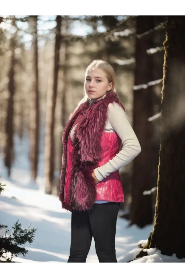 Kadın Kolsuz Hakiki Yelek - Fuşya