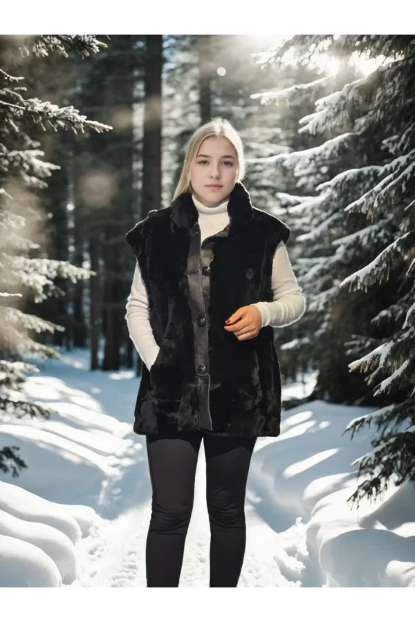 Kadın Kolsuz Hakiki Yelek - Siyah