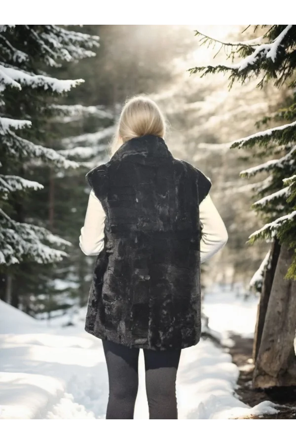 Kadın Kolsuz Hakiki Yelek - Siyah