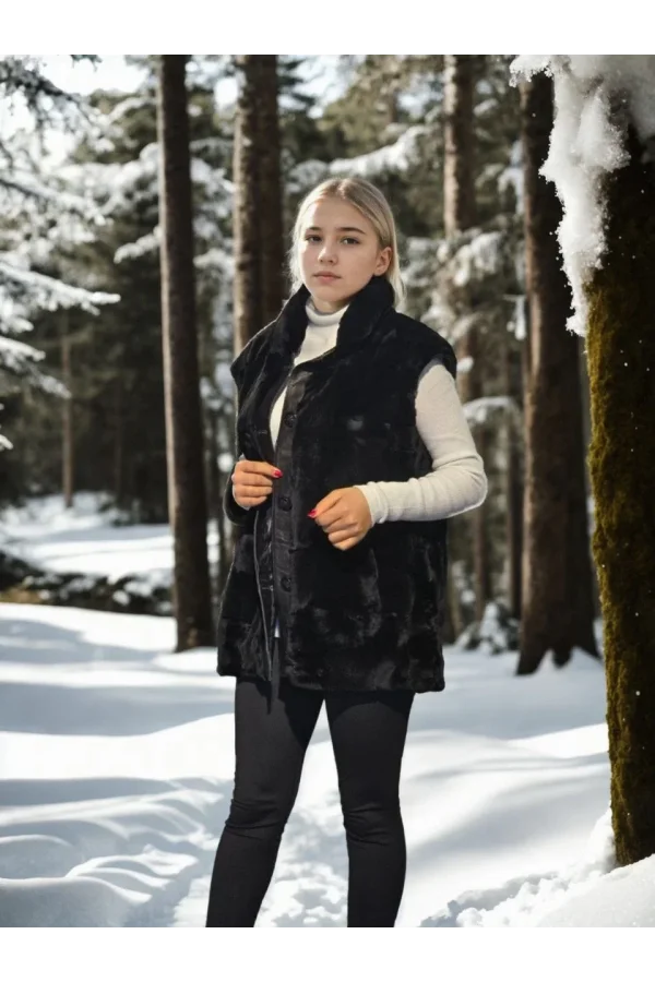 Kadın Kolsuz Hakiki Yelek - Siyah