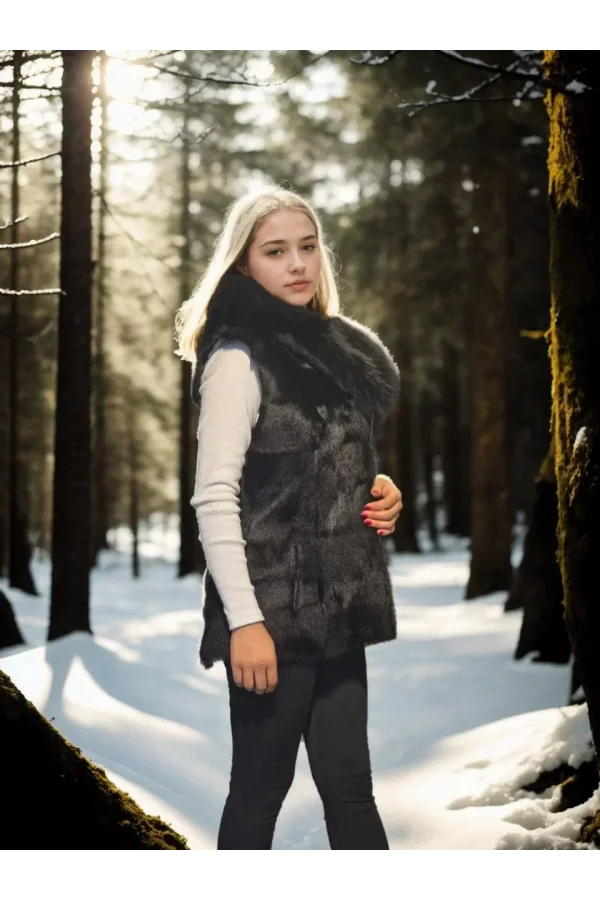 Kadın Kolsuz Kapüşonlu Yelek - Siyah