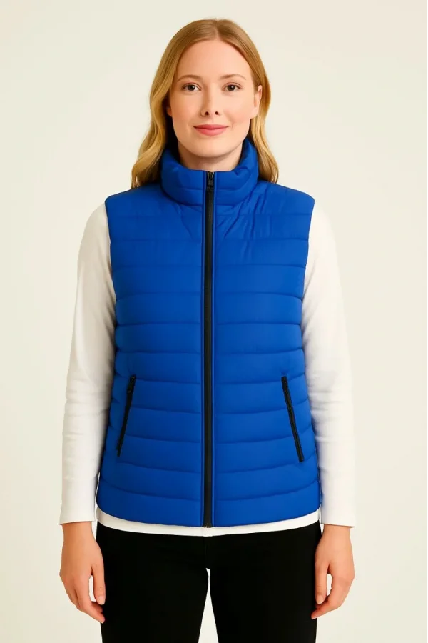 Kadın Şişme Fermuarlı Yelek Su itici Kapitone Astarlı Kumaş Cepli Hafif Kışlık Spor Rahat Kalıp - Saks Mavisi