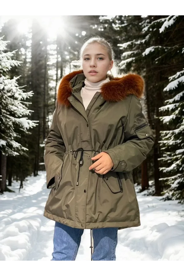 Kadın Su Geçirmez Kapüşonlu Mont - Haki