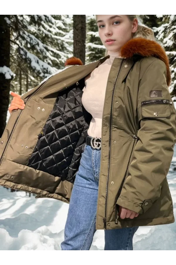 Kadın Su Geçirmez Kapüşonlu Mont - Haki