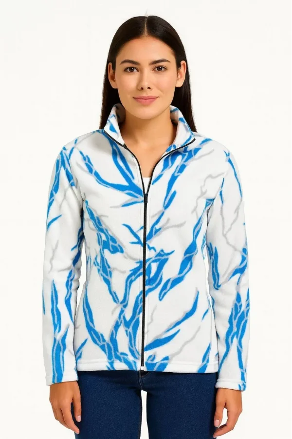 Kadın Tam Fermuarlı Desenli Polar Sweat Lightning Desen Yakalı, Uzun Kollu, Oversize Rahat Kalıp - Beyaz