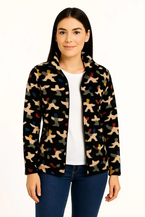 Kadın Tam Fermuarlı Desenli Polar Sweat – Siyah Multicolor Figür Desen Yakalı, Uzun Kollu, Oversize Rahat Kalıp - Siyah
