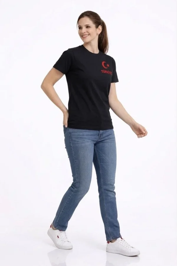 Kadın TÜRKİYE Ay Yıldız Baskılı Taraftar Forma T-Shirt - Siyah