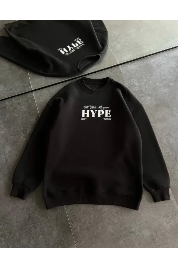 Kadın Üç İplik Bisiklet Yaka Baskılı SweatShirt - Siyah
