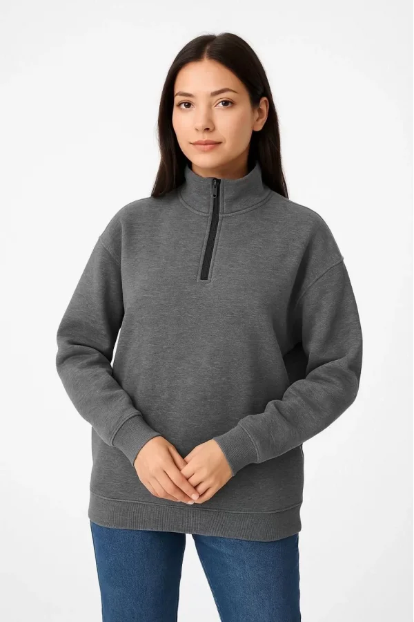 Kadın Üç İplik Dık Yaka Yarım Fermuarlı SweatShirt - Antrasit