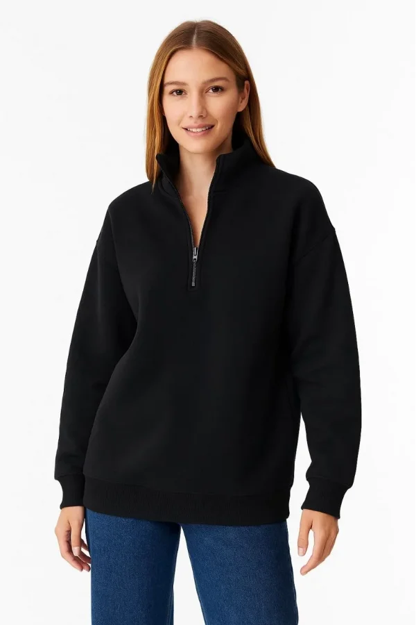Kadın Üç İplik Dık Yaka Yarım Fermuarlı SweatShirt - Siyah