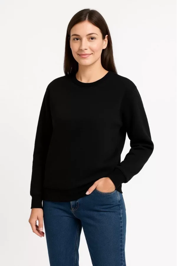 Kadın Üç İplik Düz Bisiklet Yaka SweatShirt  - Siyah