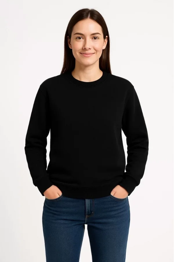 Kadın Üç İplik Düz Bisiklet Yaka SweatShirt  - Siyah