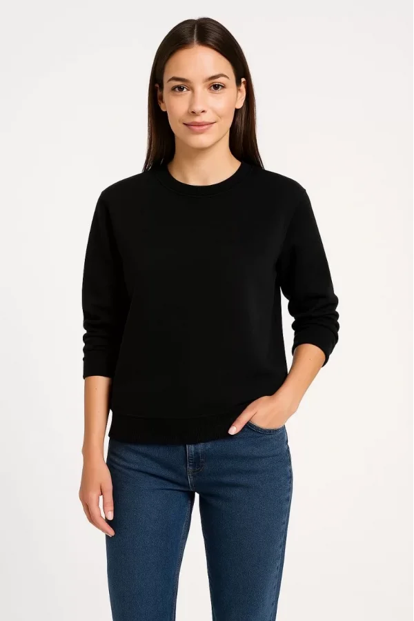 Kadın Üç İplik Düz Bisiklet Yaka SweatShirt  - Siyah