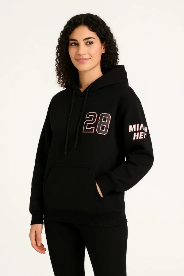 Kadın Üç İplik Kapüşonlu Ön ve Arka Baskılı SweatShirt hoodie - Siyah