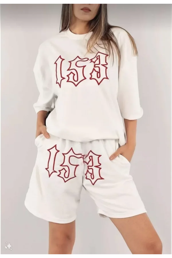 Kadın Unisex Nakış İşlemeli Şort Takım - Beyaz