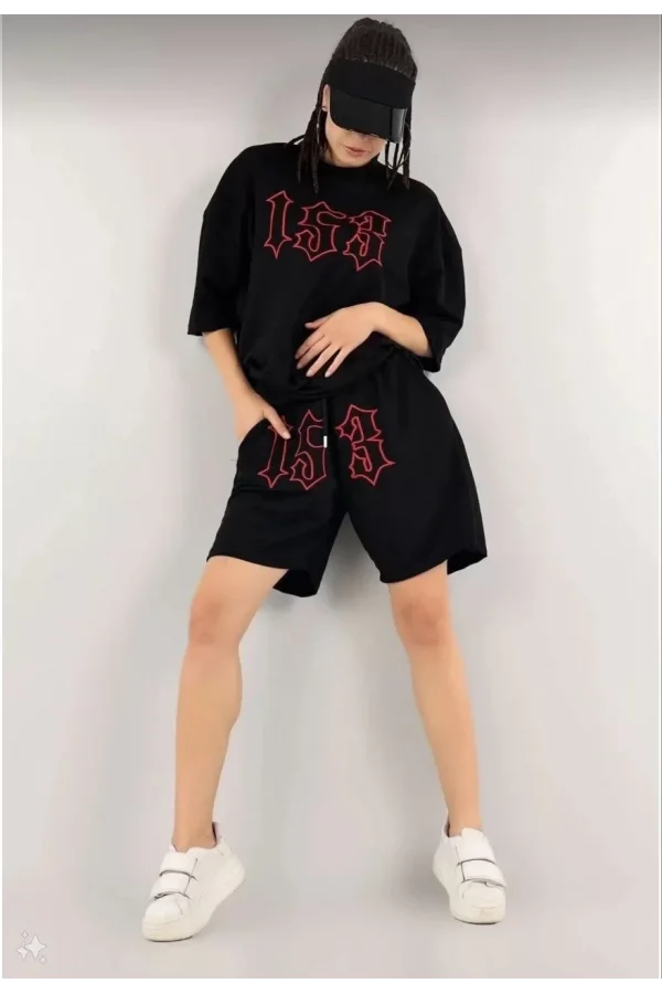 Kadın Unisex Nakış İşlemeli Şort Takım - Siyah