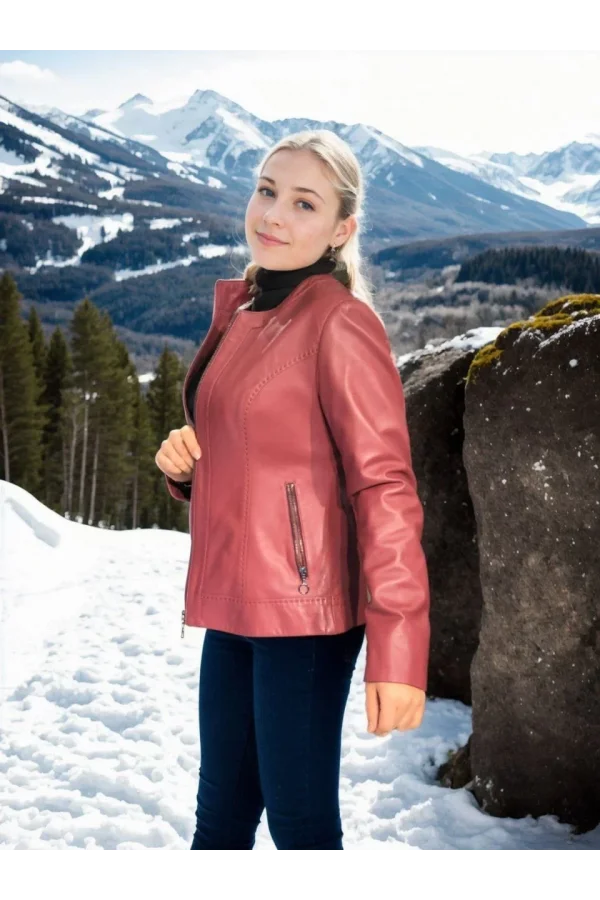 Kadın Uzun Kollu Deri Ceket - Bordo