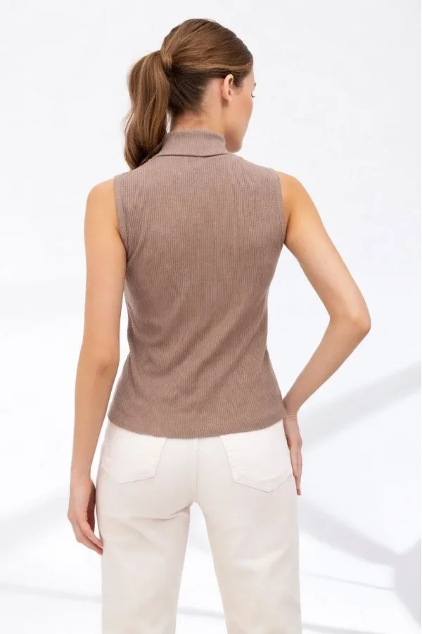 Kadın Yarım Balıkçı Yaka Fitilli Kaşkorse Atlet Basic Şık Bluz Badi - Bej