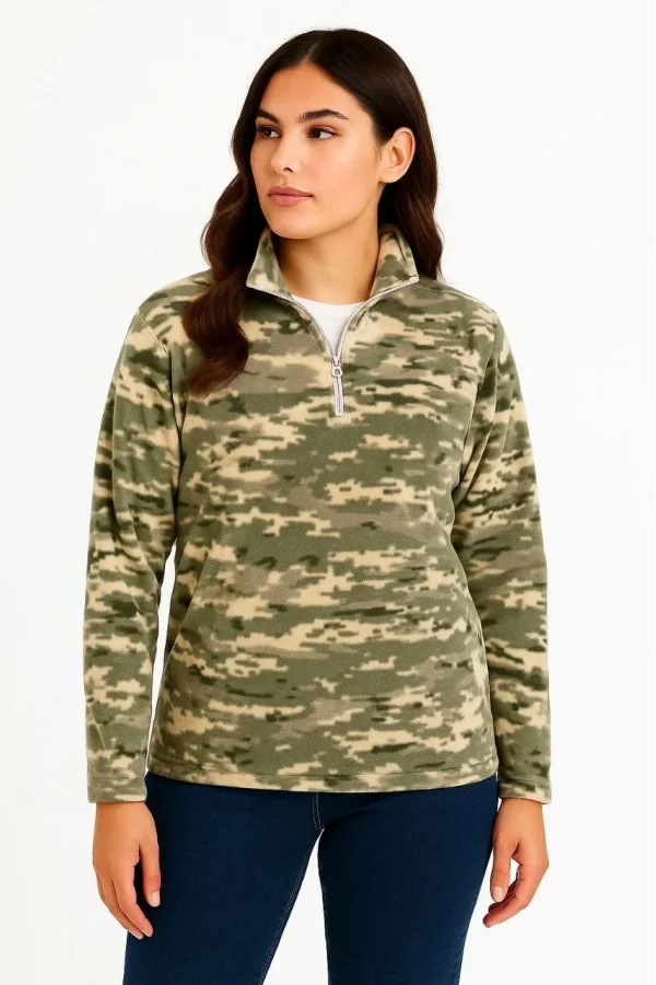 Kadın Yarım Fermuarlı Desenli Polar Sweat – Haki Kamuflaj Yakalı, Uzun Kollu, Oversize Rahat Kalıp - Haki