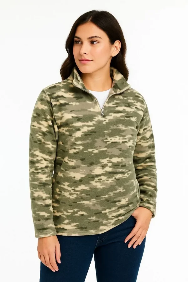 Kadın Yarım Fermuarlı Desenli Polar Sweat – Haki Kamuflaj Yakalı, Uzun Kollu, Oversize Rahat Kalıp - Haki