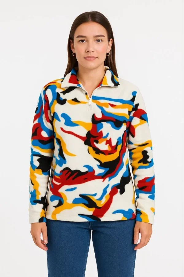 Kadın Yarım Fermuarlı Desenli Polar Sweat – Renkli Abstract Desen Yakalı, Uzun Kollu, Oversize Rahat Kalıp - Beyaz